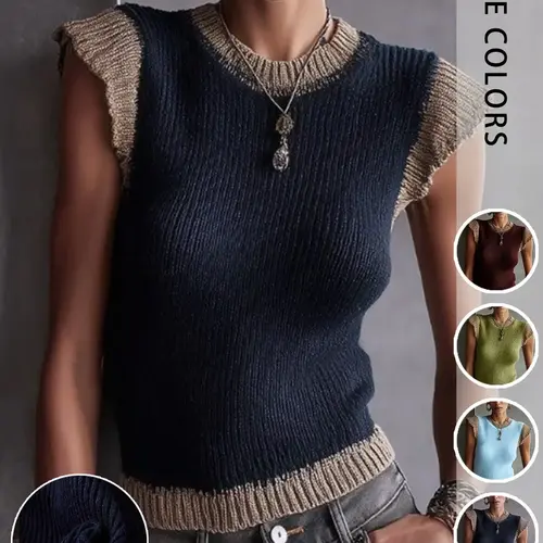 Vintage Colorblock Knit Sleeveless Vest Top for Women, Textured Slim Fit, Casual Daily Wear, Layering Essential, Comfortable and Stylish