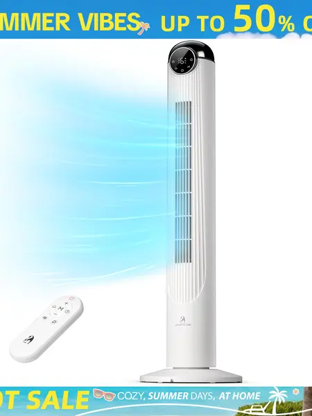 【BackToSchool】Antarctic Star T42 Tower Fan for Bedroom, 2026 Upgraded DC Motor, 26ft/s High Velocity, 22dB Ultra Quiet Standing Fan, 6 Speeds 4 Modes, 90° Oscillating Bladeless Fan with 9H Timer, Floor Fans with Remote, White