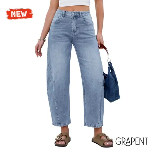 【GRAPENT Barrel Jeans Collection】Women's Denim Bottoms, Zip-Front Crop High-Rise Wide-Leg Pants with Side Seam Detail, Cotton Blend Elastane Stretchy Streetwear Casual Women's Clothes,sohochic
