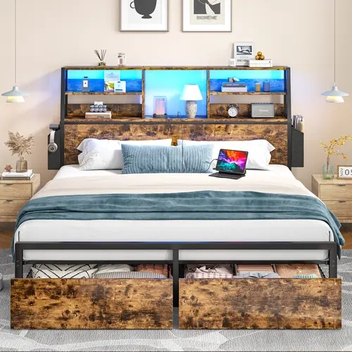 Raybee Queen Size Bed Frame with 2 Storage Drawers with Wheels & Bookcase & Pockets on Headboard, Platform LED Bed Frame with Power Outlet for Full/King, Holds 1100lbs with Metal Frame & Slats, Noise Free Bedframes for Bedroom, Apartment, Black, Brown