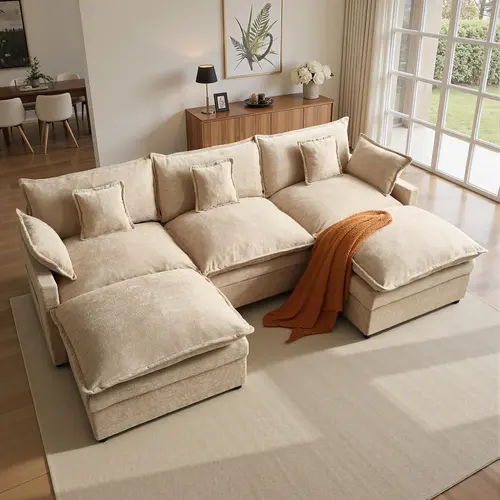 【2/3 Packages Shipping】XIZZI 108" U-Shaped Chenille Upholstered Sectional Sofa - Comfy Cloud 3-Seater with 2 Movable Ottoman, Could Sofa, Deep Seat Linen Couch for Living Room, Comfort & Stylish Design