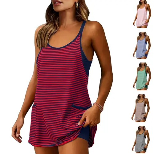 SCUSTY Women's Summer Sleeveless Game Day Striped Mini Dress with Built-in Shorts V Neck Spaghetti Straps Athletic Shorts Tennis Dress with Pockets