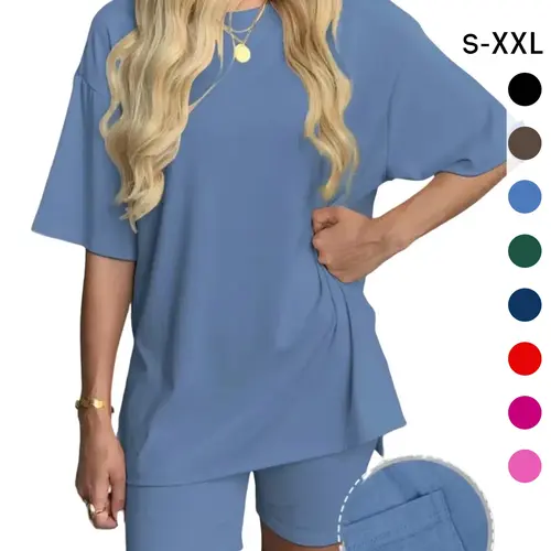 Women's Solid Color T-Shirt and Tight Shorts Set, Casual Summer Comfort Round Neck Sleepwear Loungewear, Pocket Design, Outdoor Wear, Lounge Clothes