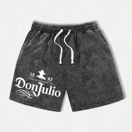 Men’s summer DonJulio letter-print washed cotton athletic shorts—casual, loose fit with a drawstring waist and pockets; retro street style, 2000s vibe. Suitable for running, golf, fishing, basketball, camping, gym workouts, swimming, and the beach.