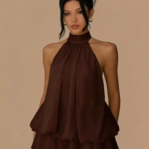 LikeMyChoice 2026 Halter Neck Tiered Ruffle Chiffon Mini Dress (Multiple Colors/Prints)