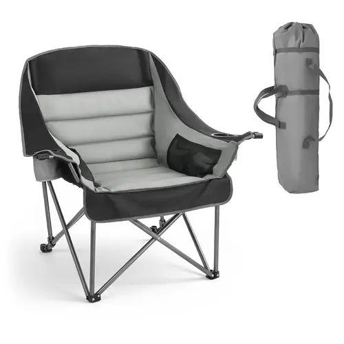 VEVOR Oversized Sturdy Campchair, 450 lbs Heavy Duty Camping Equipment, Unisex Portable Padded Back Folding Chair with Dual Cup Holders & Wine Glass Holders, Carry Bag for Outdoor Fishing, Black & Gray, 1 Pack, 600D Rip-Stop Polyester