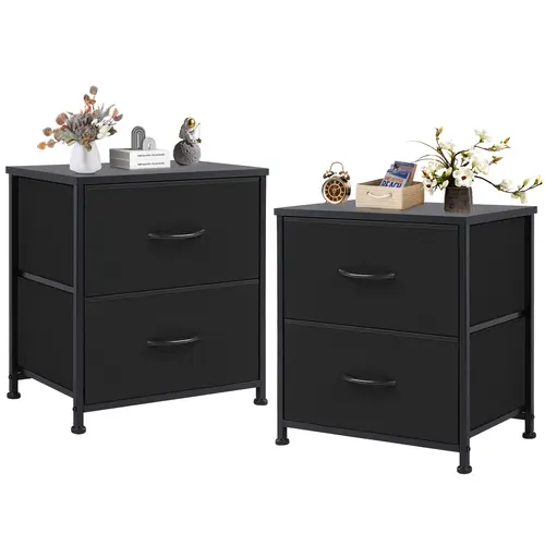 Sweetcrispy Arch Minimalist Double Drawer Black Nightstand - Indoor Storage Furniture, Fabric Bins Dresser with Steel Frame for Bedroom Decor & Organization