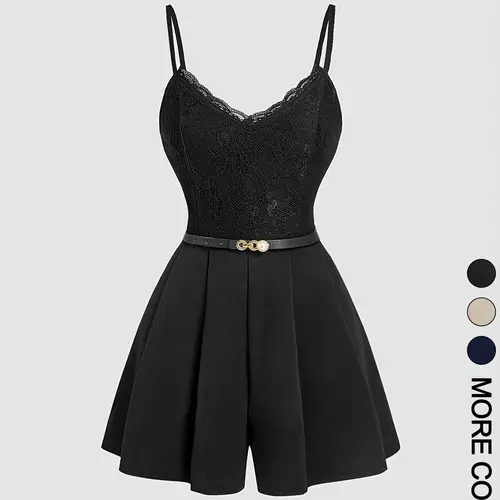 Women's Spring Summer Elegant Lace-Spliced Cami Playsuit Outfit with Belt, V-Neck Sleeveless Fitted Jumpsuit for Casual Outings