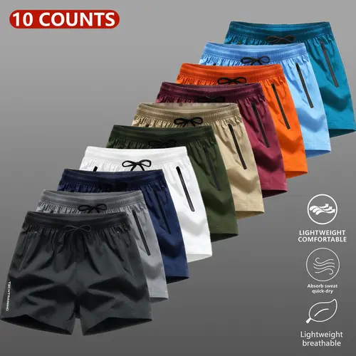 Men's 10-Pack Polyester Quick Dry Tech Training Shorts - Soft Stretch, Active, Basic, Oversized, Multi-Color Zipper Pockets, Elastic Drawstring Waist, Breathable Gym Bottoms for Workouts, Summer Daily Wear