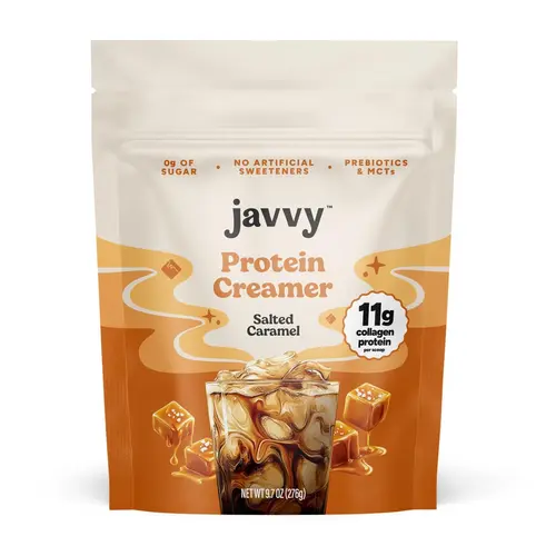 Javvy Salted Caramel Protein Coffee Creamer - Grass Fed Pasture Raised Collagen - Hair, Skin & Nail Support, Energy-Boosting MCTs, Keto Friendly, Lactose Free & Gluten Free, No Added Sugar, 11g of Protein