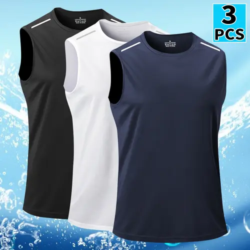 3-Pack Men's Tank Top - Breathable, Quick-Dry Sleeveless Shirt, Crew Neck, Black/White/Navy Blue, Athletic Wear,Suitable for Summer Gym, Running, and Training Workout Vest Yoga Sports Vest weighted vest weighted vests compression tank top