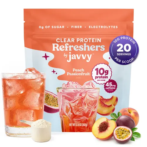 Peach Passionfruit Refresher Premium Clear Whey Protein Drink - Protein with Electrolytes, Fiber, 45mg Caffeine, 0g Sugar, 100% Natural Flavors, 0 Artificial Colors & Sweeteners, 20 Servings
