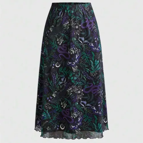 Women's Vintage Vacation Style Bird Grass Snake Print Unique Prints Mesh A-Line Skirt, Gothic Butterfly Print Punk Half-Sleeve Dress for Spring Summer Aesthetic Womenswear, Vintage Pattern Skirt