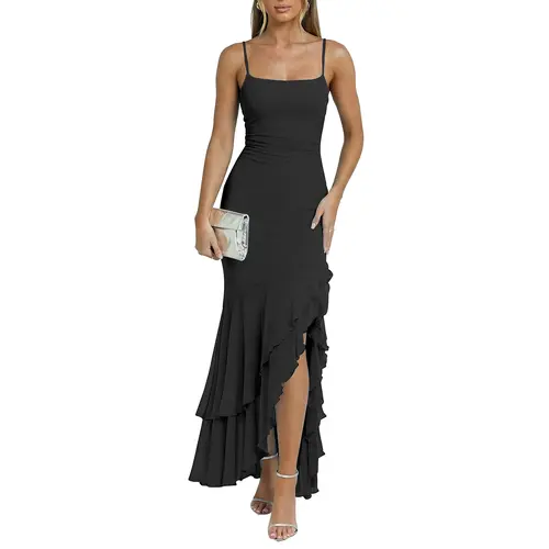 Kaximil Women's Sexy Ruched Mesh Maxi Dress - Square Neck Spaghetti Strap, High Slit Ruffle Hem, Mermaid Cut, Leg-Lengthening, Standard US Sizes, Promdress, for Wedding Guest & Evening Cocktail Beach Vacation,sohochic