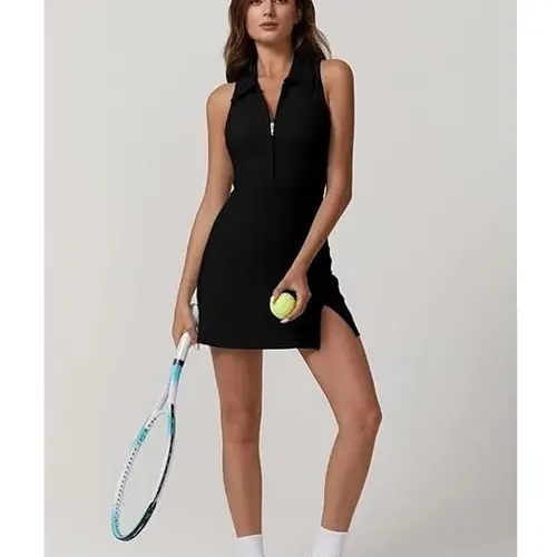 QINSEN Womens Zip Front Tennis Dress Polo Collar Racer Back Workout Golf Dresses Build in Shorts with Pockets