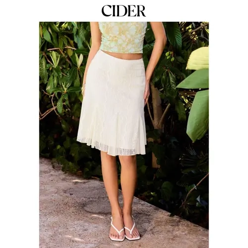 Cider Cotton-blend A Line Mid Rise Lace Flower Midi Skirt