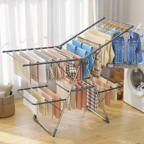 Foldable Freestanding Durable Sturdy Laundry Hanging Rack - Portable Space-Saving Collapsible Drying Rack with Multiple Bars, Stable Base, Floor-Gripping Design, Easy Room-to-Room Carry for Indoor, Outdoor, Bathroom Use