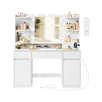 SONGMICS Minimalist Glam LED Vanity Dresser, Rectangular Mirrored Top Makeup Vanity Desk with 9 LED 3-Tone Lighting, Adjustable Unit with Power & USB Ports, 2 Cabinets, 3 Drawers Hiding Daily Items, Snap-In Rails, Anti-Tip Kit for Bedroom
