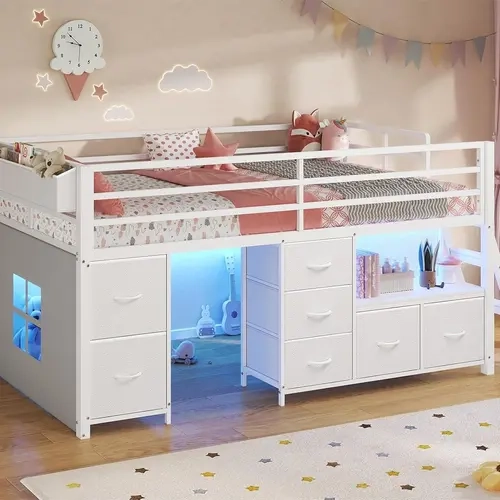 SIKAIC Twin Low Loft Bed with 7 Storage Drawers, Bookcase and LED Lights, Space Saving Metal Bed Frame with Play Curtain and Under-Bed Storage Space