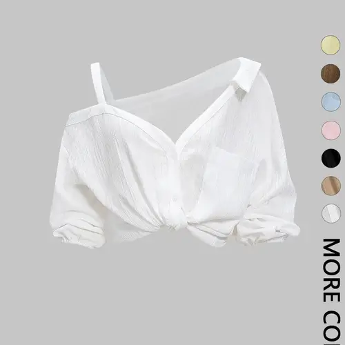 1 Spring Summer Asymmetric Cold Shoulder Stylish Casual Blouse Women Shirts | Collared Button Down Textured Fabric 3/4 Sleeve | Clean Girl Casual Chic Style for Daily Vacation Beach Travel