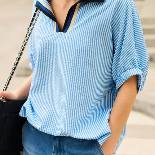 Tankaneo Womens V Neck Striped Blouse Oversized Dolman Sleeve Tops Summer Casual Loose Fit Polo Shirts