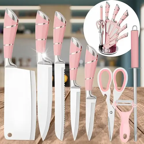 9pcs High Carbon Stainless Steel Kitchen Knives Set - Professional Chef, Bread, Cleaver, Paring, Utility Knives with Sturdy Handles, Thin Blade, Block, Scissors, Sharpener, Peeler - Ultra Sharp, Non-Stick, Multifunctional, German, Cut