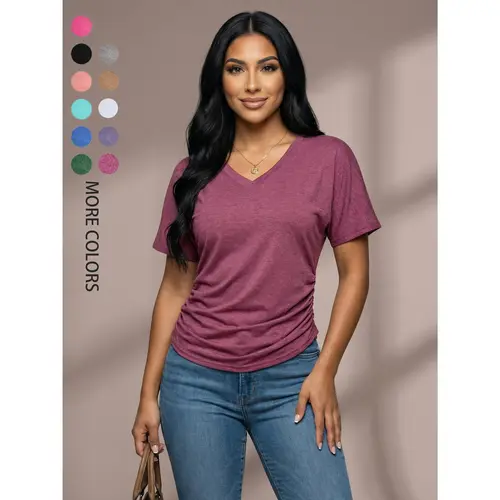VVZ Women's Shortsleeve Dolman Top, Chic V-Neck Style with Side Shirring, Casual Loose Fit Summer T-Shirt