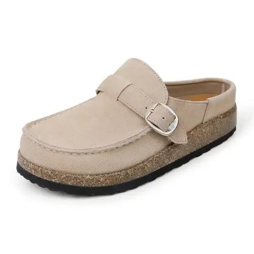 EVELLYHOOTD Women's Genuine Cowhide Animal Print Cork Footbed Mules - Minimalist Trending Shoes with Adjustable Strap Buckle, Lightweight Flat Walking Clogs for Customized Fit