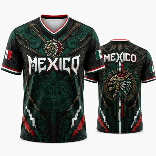 2026 New Mexico Eagle Warrior Men's V-Neck Graphic Jersey Top, Aztec Calendar Sporty Short-Sleeve Soccer Fan Tee, Green Black Mens Jersey Style Shirt tiktokshopbacktoschool, Sporty Jersey