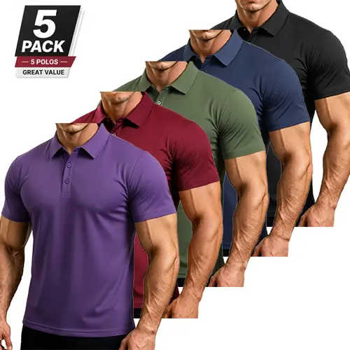 5-Pack Men’s Polo Shirts – Quick Dry, Stretch, Lightweight, Breathable, Moisture-Wicking; Golf & Casual Performance Tops,summerwins,father'sdaygifts