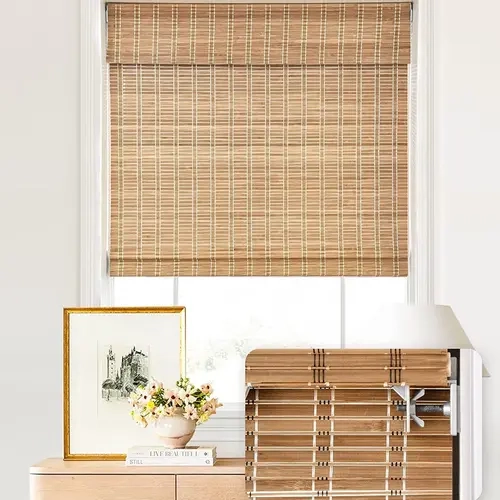 No Tools No Drill Cordless Bamboo Roman Shades, Light Filtering Window Treatment, Roll Up Bamboo Blinds for Windows 34'' W x 64'' H, Brown