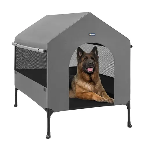Veehoo 2-in-1 Large Steel Frame Raised Elevated Dog House - Waterproof Polypropylene, Canopy Shade Cover, Wind-Rain Shield, Nylon Fleece, 3-Sided Scratch-Resist Mesh Windows, 600D Oxford Cover Elevated Dog Cot Tent for Outdoor/Indoor Use,sohochic