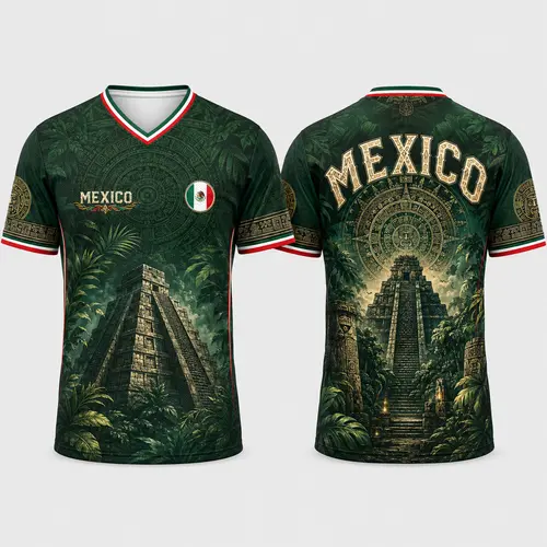 2026 New Mexico Inspired Dark Green V-Neck Sports Jersey for Men, Ancient Temple Jungle Graphic, Aztec Calendar Print, Flag Sleeve Accents, Short Sleeve Soccer Fan Shirt, Casual Futbol Game Day Tee,summerwins