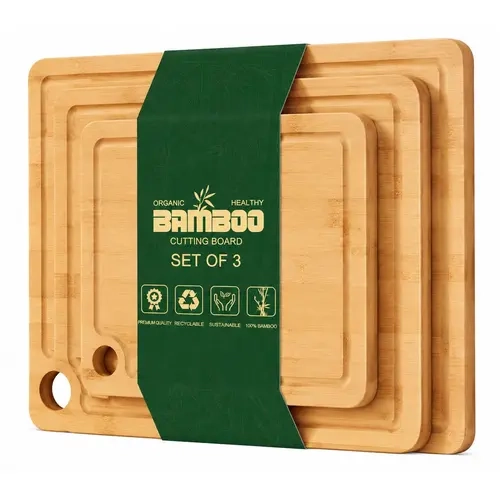 AISOON Kitchen 3-Piece Organic Natural Bamboo Square Cutting Board Set (XL/Med/Small) - Grip Handles, Juice Groove, Eco-Friendly, Non-Toxic, BPA-Free, Anti-Scratch, Knife-Safe, Durable, Lightweight, Dishwasher Safe, for Meal Prep, Cheeseboard Entertaining