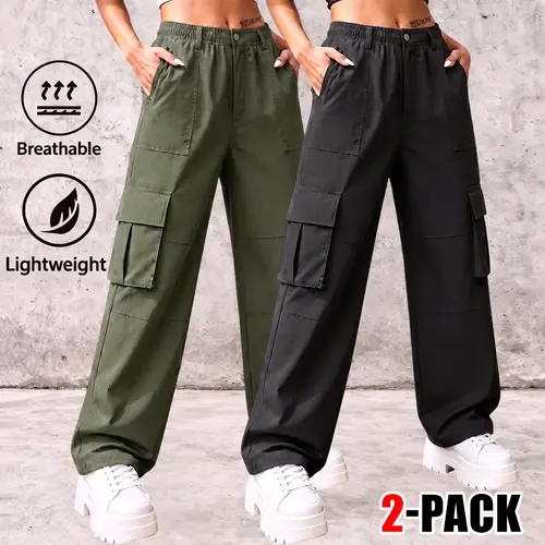 Women’s 2-pack lightweight cargo pants for spring/autumn, fashionable casual athletic style, multi-pocket design, solid color and minimalist, suitable for outdoor sports and everyday stylish outfits.