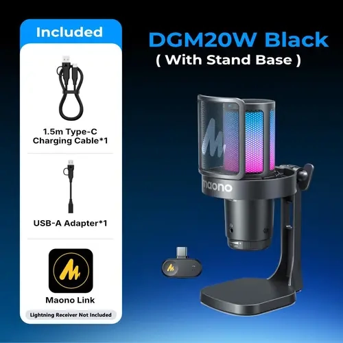 MAONO DGM20W Wireless-Wired USB Gaming Microphone with Cable, Adapter, Receiver, Noise Cancellation, Quick Mute, Adjustable Gain Control, RGB Lighting for PC, PS5, Recording & Content Creation, Rechargeable, Charging
