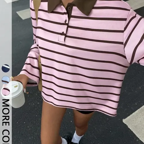 Women's Lapel Striped Long Sleeve Polo Shirt, Half Open Button Loose Fit Casual Top, Vintage Stripe Relaxed Daily Cover-Up