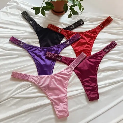 5pcs Women Low Rise Thong Underwear Set Rhinestone Gradient Waistband Panties Sexy Luxe Bikini T Back Lingerie Red Black Burgundy Purple Pink Comfortable Breathable Stretch Daily Wear Womens Thongs Cheeky Panties Assorted Colors Smooth Stretch Pack