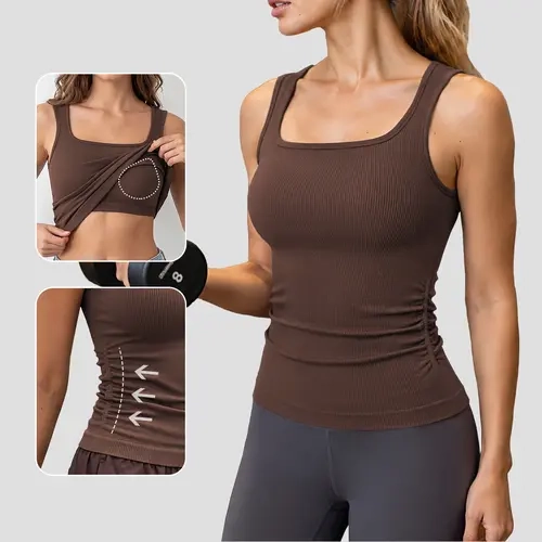 ATTRACO Ribflex Women's Seamless Square Neck Tank Top with Built-in Bra & Removable Pads | Ruched Waist Ribbed Slimming Top, Full Back Coverage Cardigans Chic