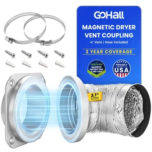 Gohall DV180 Magnetic Dryer Vent Connector Kit, 4 Inch Quick Connect Coupling for Straight Venting, Self-Aligning, 3.1 ft Aluminum Foil Hose & 2 Clamps