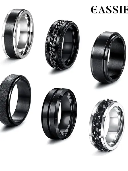CASSIECA 6PCS Tarnish Proof Stainless Steel Spinner Rings, 6-8MM Black Cool Chain Design, Anxiety Stress Relief Promise Wedding Band, Funky Unique Jewelry Accessories, Men's Accessories, Guys Gifts, Womens Gifts, Sizes 7-13