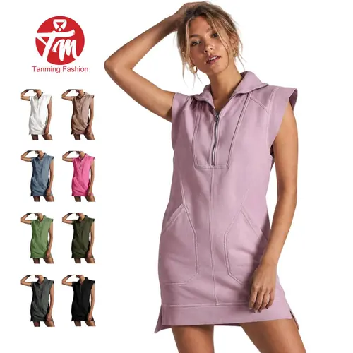Tanming Women's Half-Zip V-Neck Sleeveless Pullover Mini Dress - Chic, Sporty, Athletic Casual Wear Loungewear for Summer, Polo, Soft, Comfortable, Lightweight, Basic, Golf, Cap Sleeves, Brunch Outfit Ideas