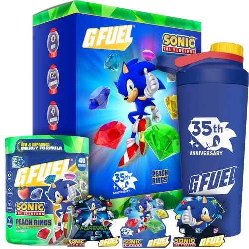 G FUEL Energy Formula | Sonic's Peach Rings 35th Anniversary Collector's Box | Peach Ring Candy | 40 Serving Tub and Custom Metal Sipper