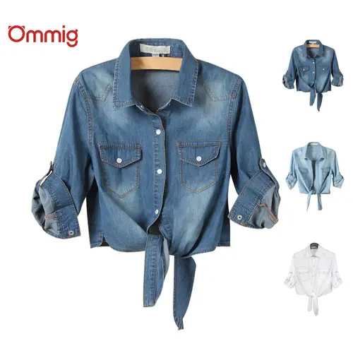 Ommig Lady's 3/4 Sleeve Fitted Denim Tie Knot Crop Top - Y2K Western Button Down Casual Blouse, Basic Summer Outfit Top,sohochic