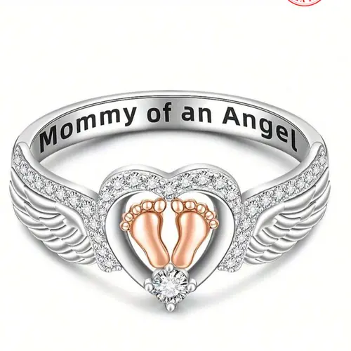 925 Sterling Silver Angel Wing Design Ring, Real Rings, Heart & Footprint Decorative Ring for Women, Fashion Jewelry Accessories for Daily Wear, Jewelry for Birthday Gift, Engraved Ring