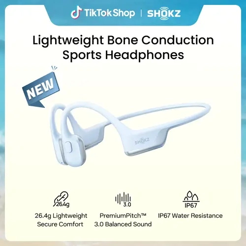 SHOKZ OpenRun Air 2 Bone Conduction Open-Ear Bluetooth Headphones 26.4g lightweight; Secure fit; PremiumPitch 3.0 sound; IP67; 10H battery; Running/cycling/hiking