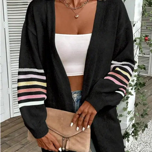 Plus Size Striped Print Drop Shoulder Cardigan, Casual Soft Long Sleeve Open Front Knitting Knitwear, Women's Plus Clothing Womenswear for Daily Wear