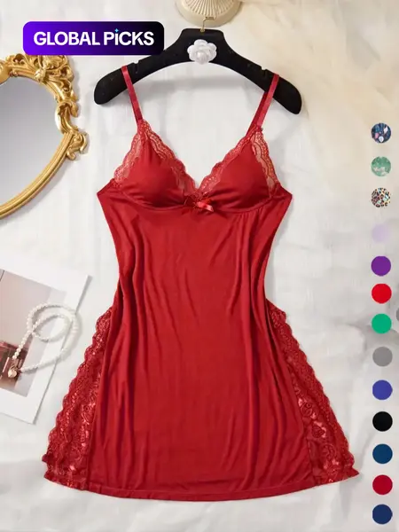 Women's Contrast Lace Bow Front Split Backless Cami Nightdress, Soft Comfortable Solid Spaghetti Strap Nightgown, Night Dress for Women