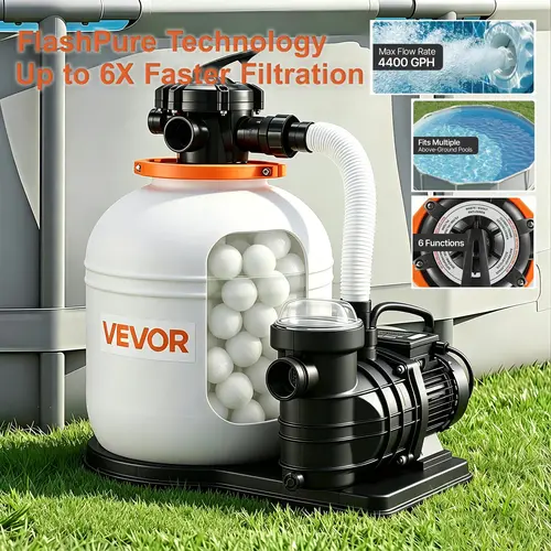 【toolupgrade】VEVOR FlashPure 16-in-1 HP 4400 GPH Sand Filter Pump for Outdoor 14 Inch Above Ground Pools, Pre-Assembled Leak-Proof Media, Built-in 24-Hour Timer-Set Runtime, 6X Faster Filtration, Ready-to-Use Pumps & Hoses Accessories