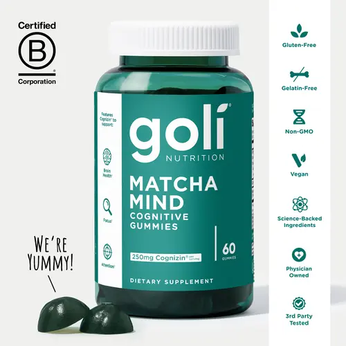Goli Matcha Mind Gummies - Green Tea Leaves Powder with Cognizin for Focus, Attention and Brain Health, Vegan, Non-GMO, Gluten-Free & Gelatin Free